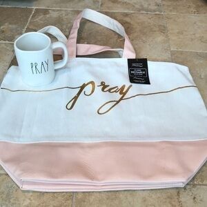 Rae Dunn, Classic, ‘Pray’, bag/mug bundle. Pink fake leather, Canvas Tote. NWT